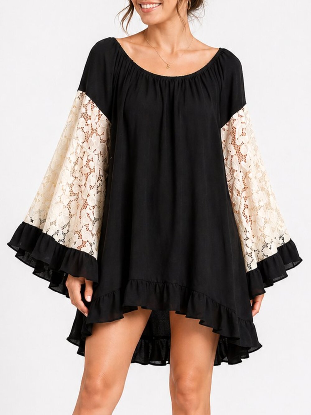 Noa Elle Dress Black Lace Sleeve Boho Tunic Dress Size Small